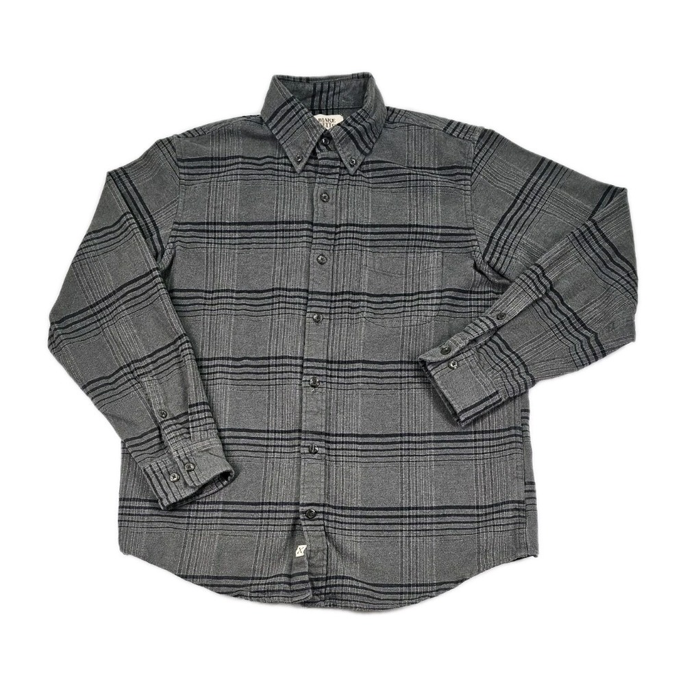 Lands End Blake Shelton Men's Medium Grey Black Plaid Flannel Button Up Shirt